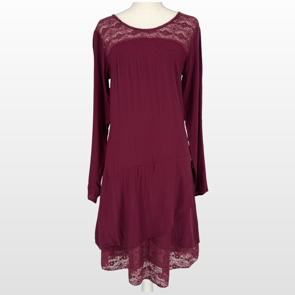 NWT Coline Long Sleeve Lace Trim Boho Dress M‎ Wine Cottagecore Romantic Indie
